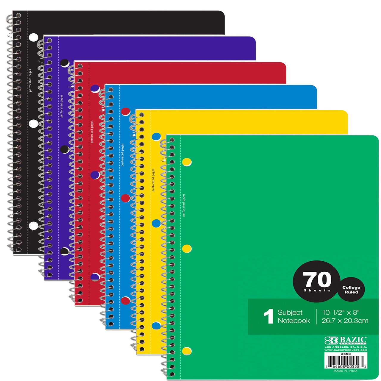 BAZIC 1 Subject Spiral Notebook, College Ruled, 70 Sheets, Case of 24